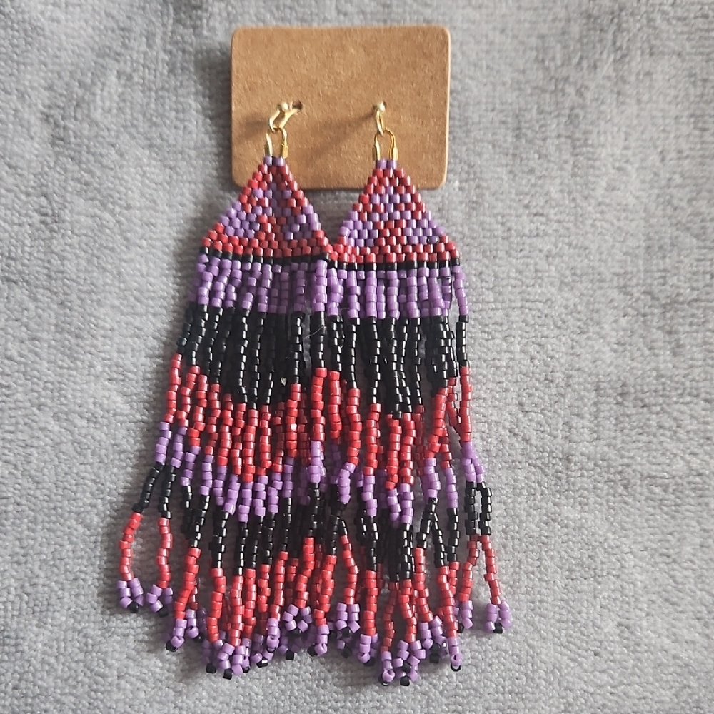NEW - Indigenous Beaded Earrings - Red, Purple, and Black
